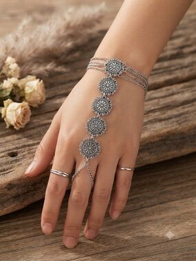 Bohemian Silver-Tone Filigree Multi-Strand Slave Bracelet & Ring Hand Chain